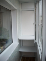 Остекление балкона + полки + обшивка стен (стеновыми панелями) + пластиковый откос балконного блока